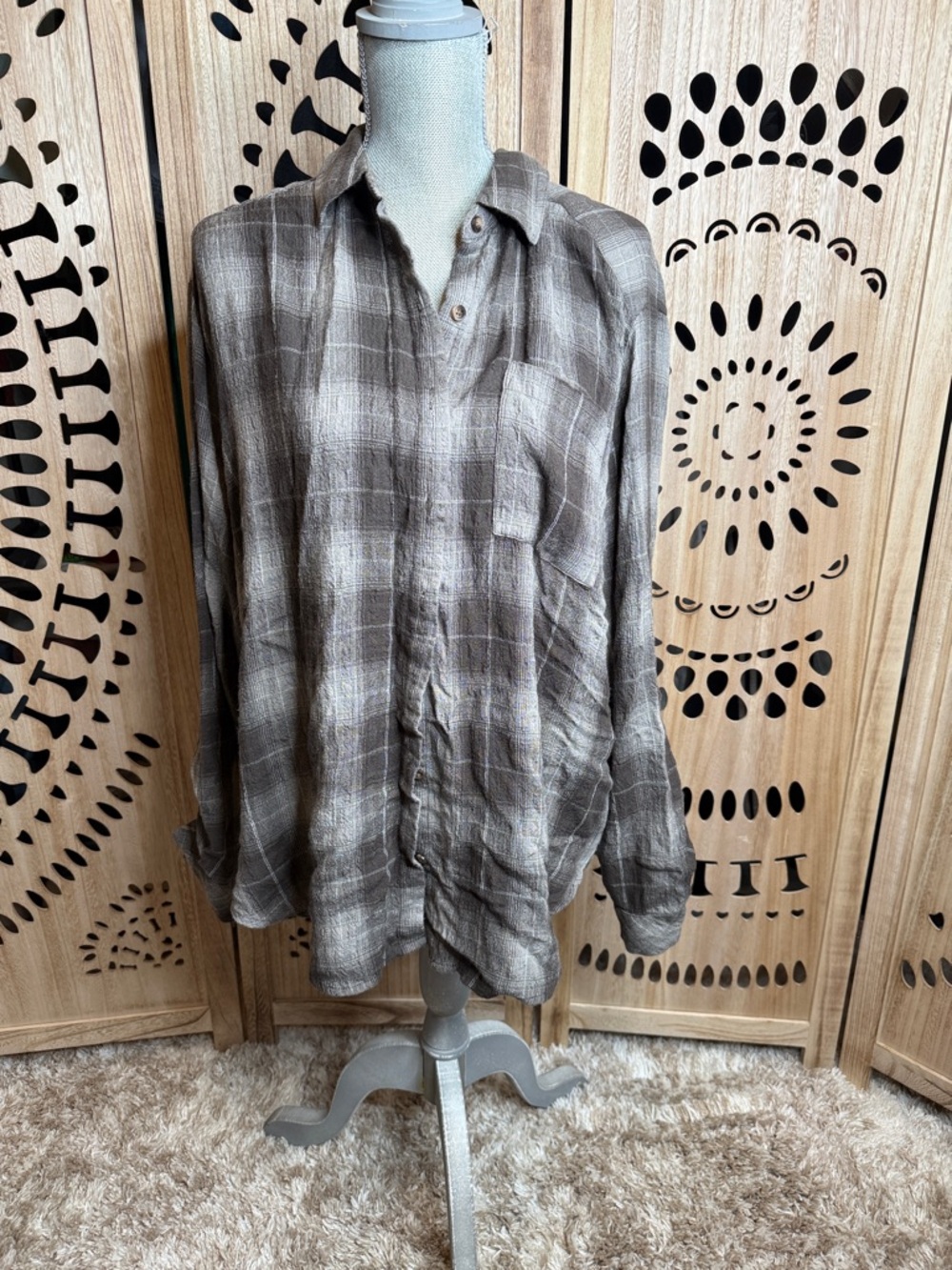 Jane and Delancey Taupe Plaid Button-Down Shirt